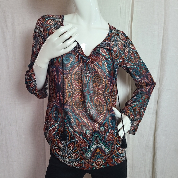 Garage Women's XS Blouse Rust Blue Bohemian Floral Sheer Maximalist Lightweight - Picture 2 of 13